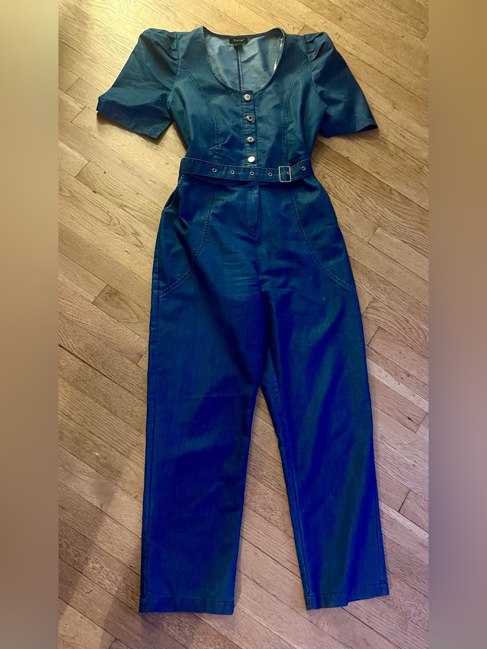 Denim belted button-down Jumpsuit by FashionHouse. Sz Lg - Picture 2 of 5